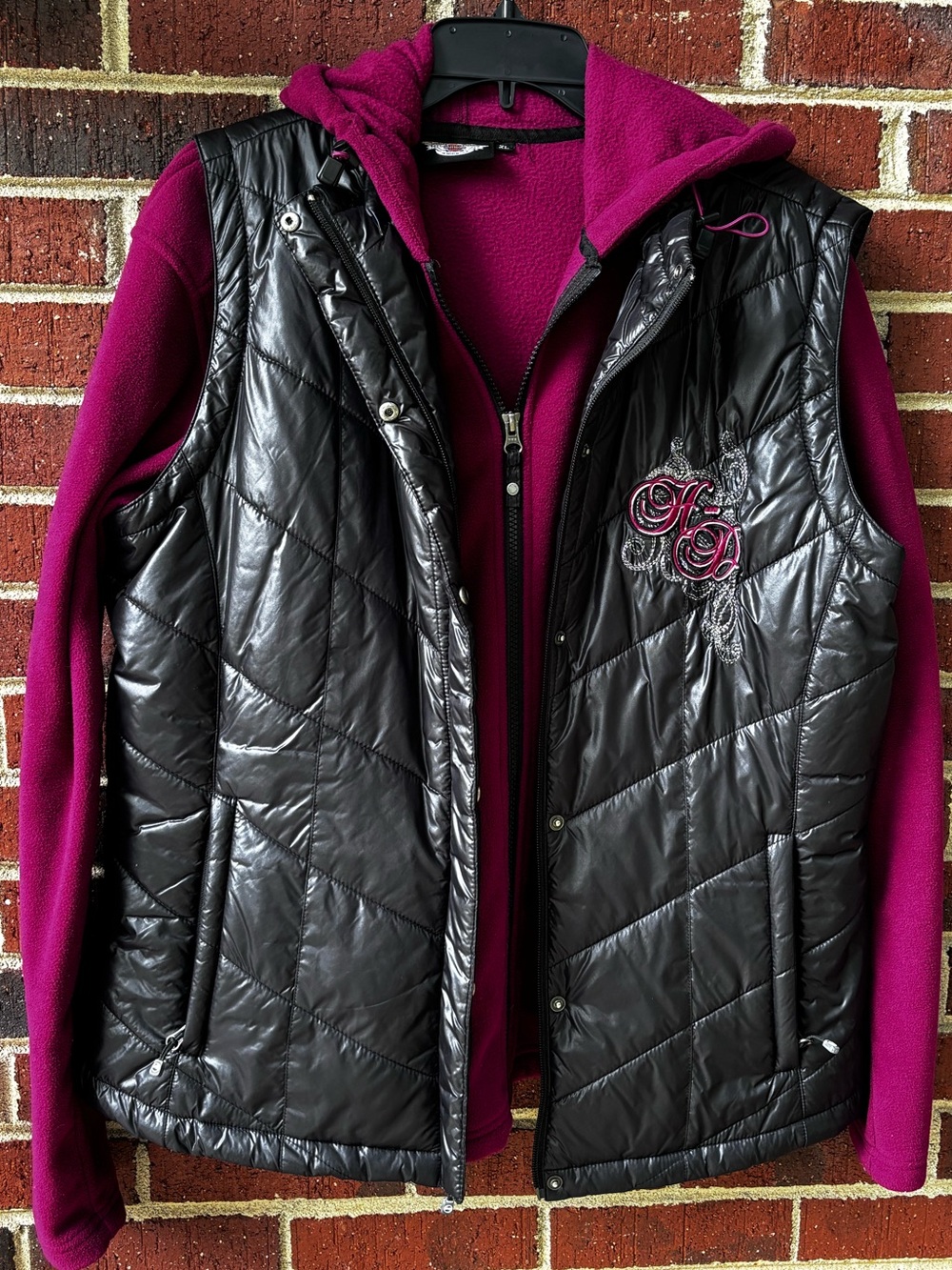 Harley Davidson 3 in 1 Quilted Puffer Vest Fleece Hoodie Jacket Layered Set XL